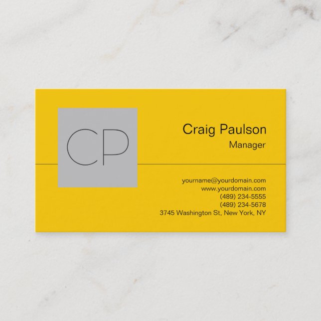 Yellow Silver Grey Chic Monogram Business Card (Front)