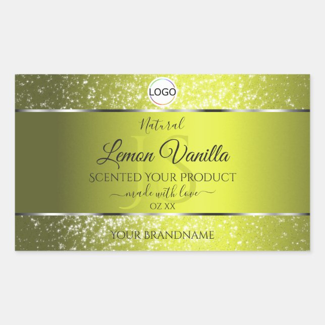 Yellow Silver Logo Initials Glitter Product Labels (Front)
