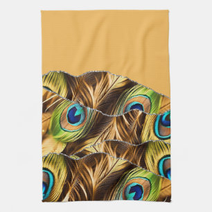 Yellow Silver Peafowl Marble Agate Glam Tea Towel