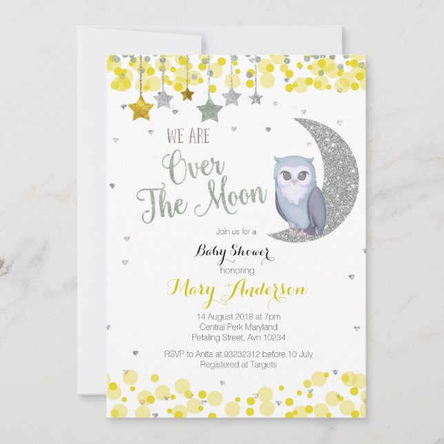 Yellow Silver Pink Owl Moon Baby Shower Invitation (Front)