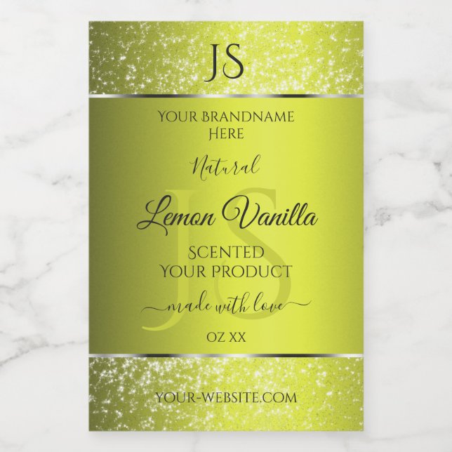 Yellow Silver with Glitter Initials Product Labels (Single Label)