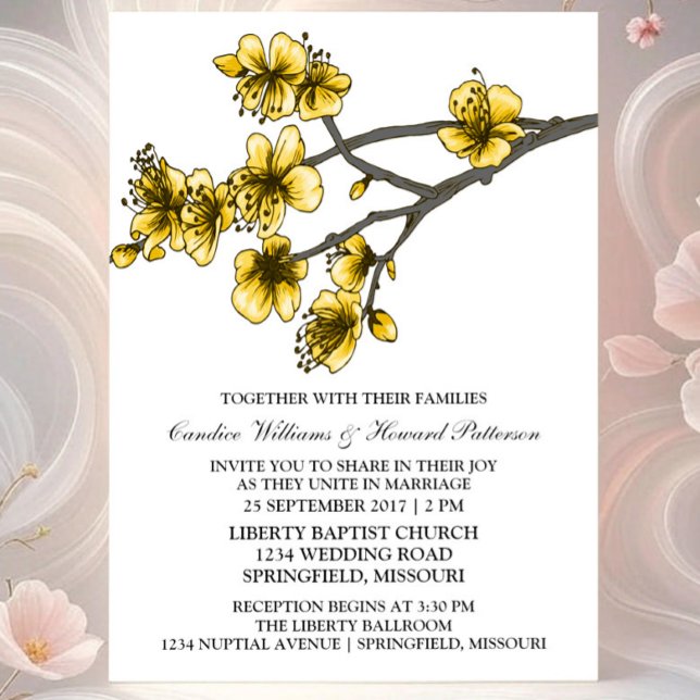 Yellow Simple Cherry Blossoms Wedding Invite (Yellow Simple Cherry Blossom Wedding Invite)
