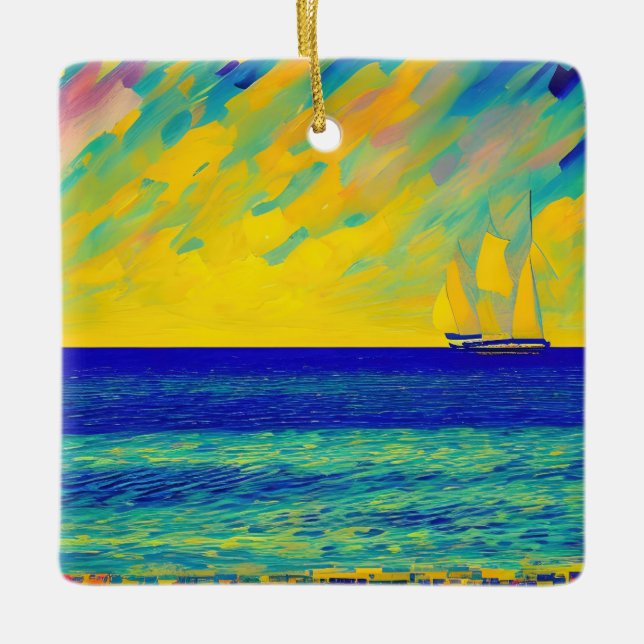 "Yellow Sky Race" Seascape Ceramic Ornament (Front)