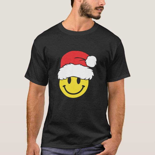 Yellow Smile Face Christmas Santa Hat Xmas Happy F T-Shirt (Front)