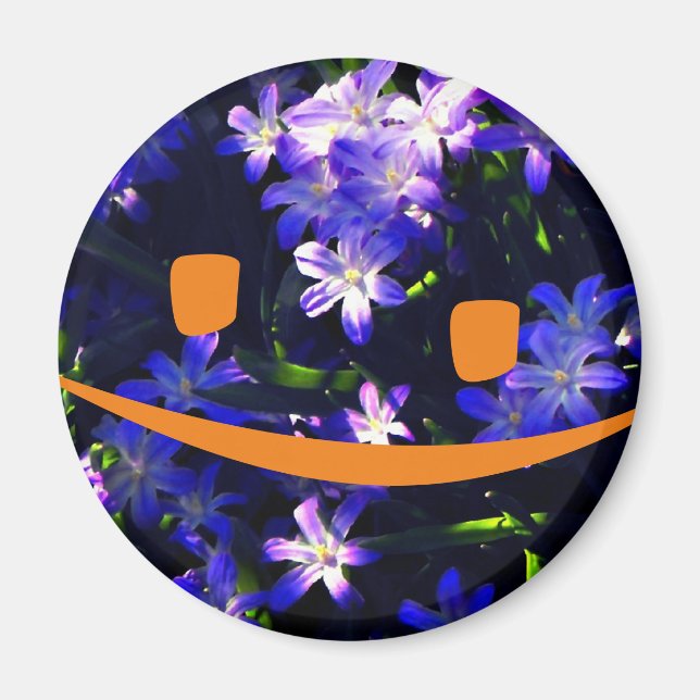 Yellow Smiley Face over Blue Flowers Magnet (Front)