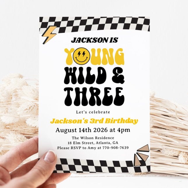 Yellow Smiley Face Retro Groovy Boy 3rd Birthday Invitation (Creator Uploaded)