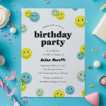 Yellow Smiling Happy Face Kids Birthday Party Invitation<br><div class="desc">A fun and bright kids birthday party invitation with yellow,  blue and light green smiling face icons. The back of the card features a yellow and white chequered pattern that suits the retro vibe.</div>