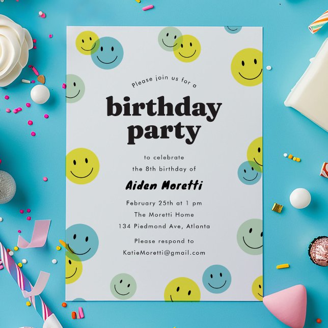 Yellow Smiling Happy Face Kids Birthday Party Invitation (yellow and blue smiling faces kids birthday party invitation)