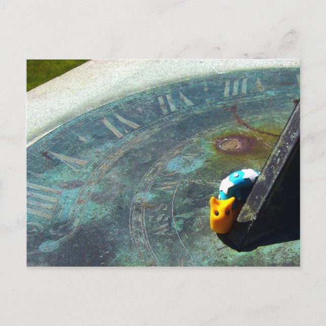 Yellow snail visiting a sundial postcard (Front)