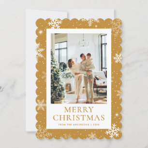 Yellow Snowy Merry Christmas Snowflake Photo Holiday Card