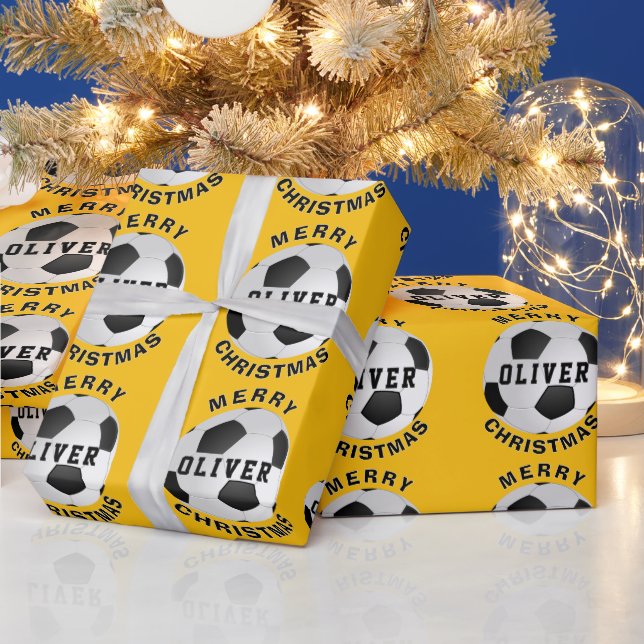 Yellow Soccer Football Balls Kids Name Christmas Wrapping Paper (Holidays)