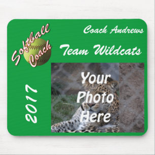 Yellow Softball Coach Script with Team Pic Text Mouse Pad