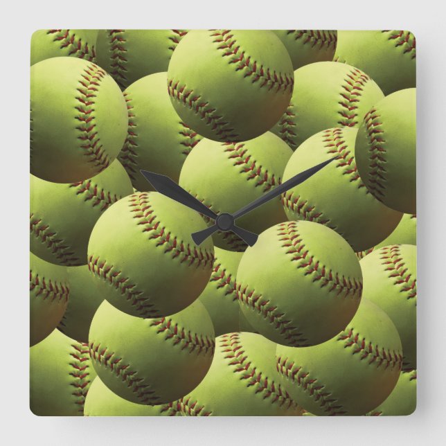 Yellow Softball Fast Pitch Multi Ball Square Wall Clock (Front)