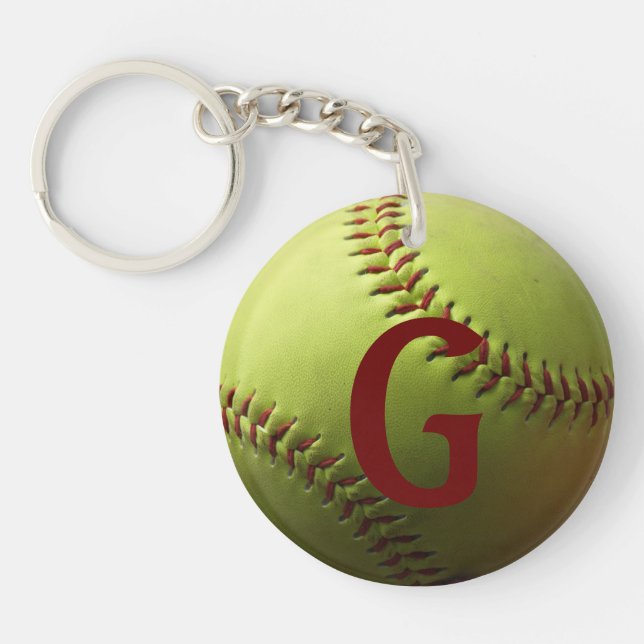 Yellow Softball Red Initial or Number Key Ring (Front)