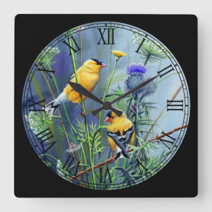 Yellow Song Birds Playing Roman Numeral Square Wall Clock