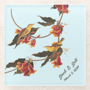 Yellow songbirds on Crossvine Glass Coaster