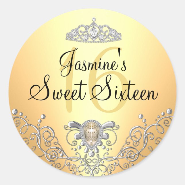 Yellow Sparkle Jewel & Tiara Sweet Sixteen Sticker (Front)