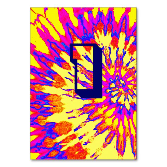 Yellow Spiral Tie Dye Wedding Table One Number (Front)