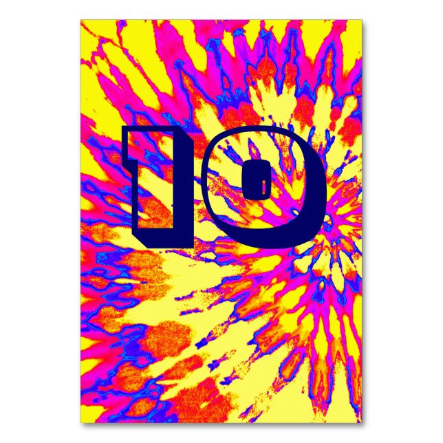 Yellow Spiral Tie Dye Wedding Table Ten Table Number (Front)