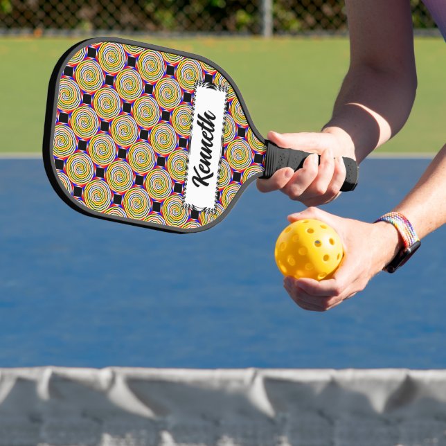 Yellow Spirals by Kenneth Yoncich Pickleball Paddle (Insitu)