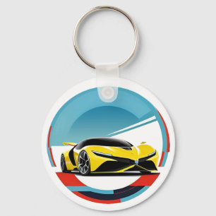 Yellow Sports Car in Modern Illustrative Round Key Ring