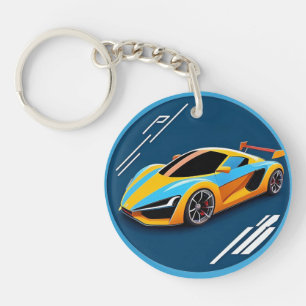 Yellow Sports Car on Blue Background Key Ring