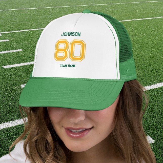 Yellow Sports Team Custom Name, Number, Team Green Trucker Hat (Creator Uploaded)
