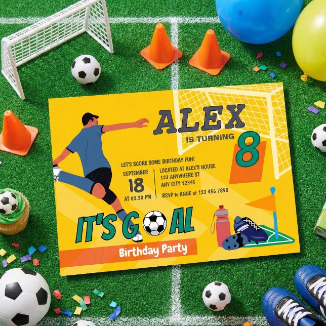Yellow Sporty Soccer Goal Kids Birthday Invitation (Creator Uploaded)