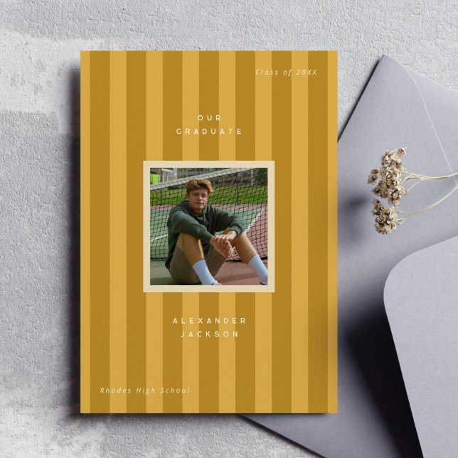 Yellow Sporty Stripes Graduation Photo  Announcement (yellow sporty stripes modern graduation photo announcement card)