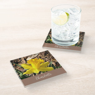 Yellow Spring Daffodil in the Garden Custom Name Glass Coaster
