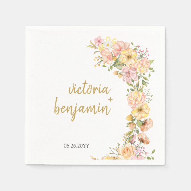 Yellow Spring Floral Pink Flowers Wedding Napkin (Front)