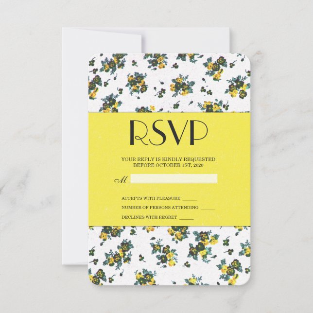 Yellow Spring Flowers on White and Yellow Paper RSVP Card (Front)