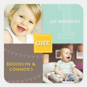 Yellow Square Sketch One Twins 1st Birthday Photo Square Sticker