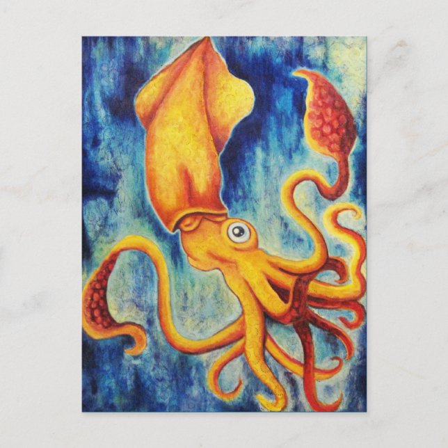 Yellow Squid Floating in Ultramarine Ocean Postcard (Front)