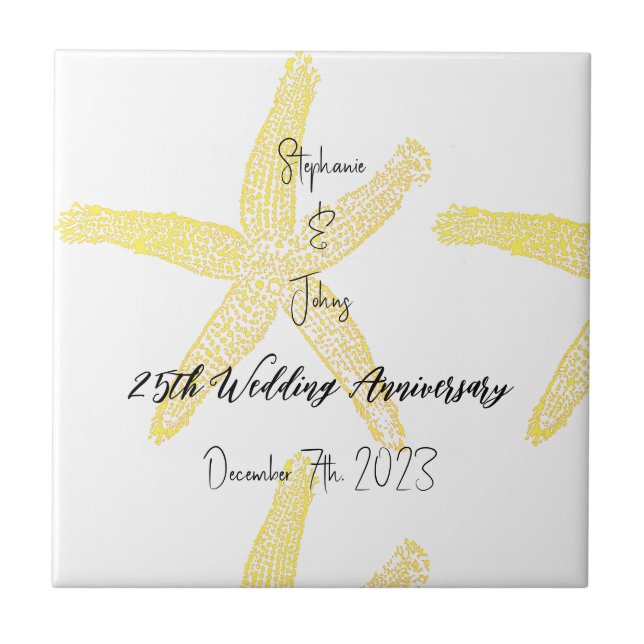 Yellow Starfish 25th Wedding Anniversary Monograms Tile (Front)