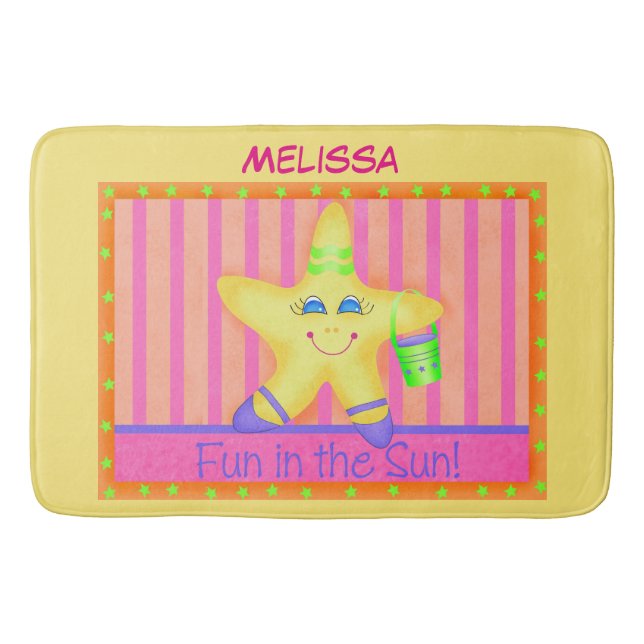 Yellow Starfish Fun in Sun Beach Name Personalised Bath Mat (Front)