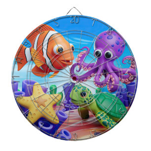 Yellow starfish, green turtle and red clown fish dartboard