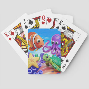 Yellow starfish, green turtle and red clown fish playing cards