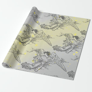 YELLOW STARS AND FLYING ANGELS WRAPPING PAPER