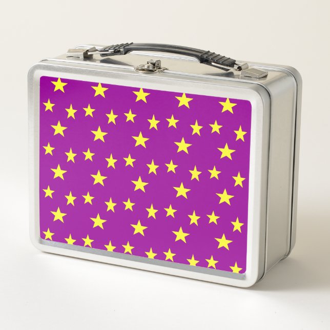 Yellow stars on purple metal lunch box (Front)