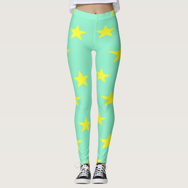 Yellow stars on turquoise leggings (Front)