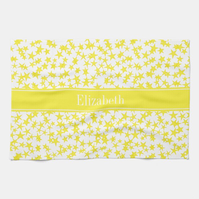 Yellow Stars White BG, Yellow Name Monogram Tea Towel (Horizontal)
