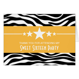 Yellow Stars Zebra Print Sweet 16 Thank You Card
