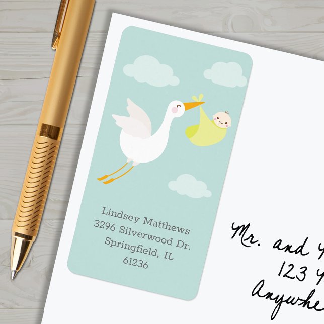 Yellow Stork Bundle Baby Shower Return Address Label (Yellow stork bundle unisex baby shower return address labels)