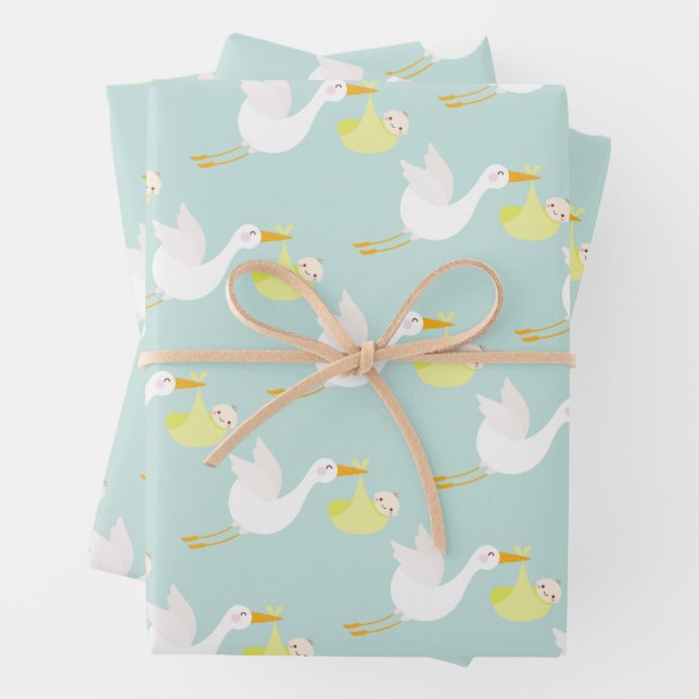 Yellow Stork Unisex Baby Shower Wrapping Paper Sheet (In situ)
