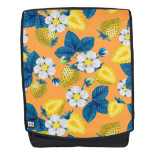 Yellow strawberries on orange backpack
