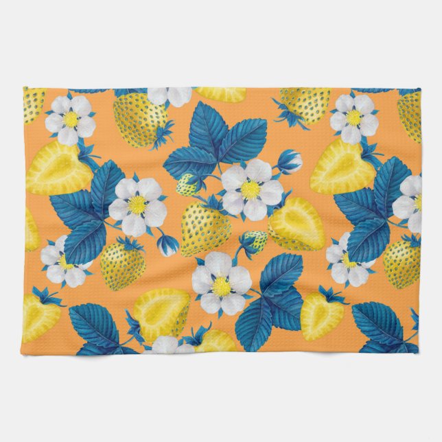 Yellow strawberries on orange tea towel (Horizontal)