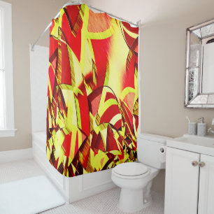 Yellow streaks on red, drizzled image shower curtain