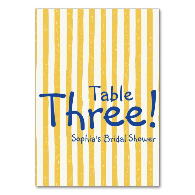 Yellow Stripe Bold Blue Bridal Shower Table Number (Front)