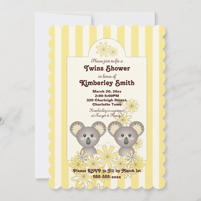 Yellow Stripe Cute Koala Boy Girl Twin Baby Shower Invitation (Front)